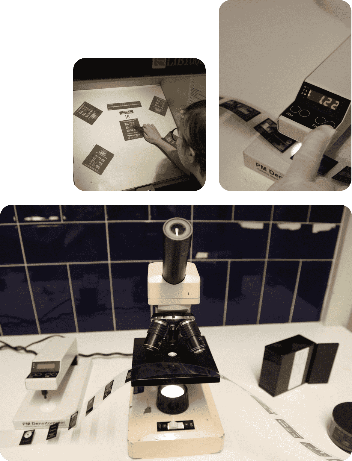 Disaster recovery image of microfilm reels under microscopic lab analysis